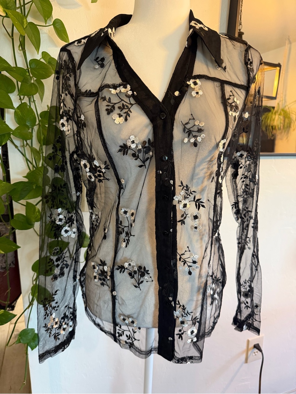 Amber Skies Black Sheer Floral Embroidered Button-Down Shirt